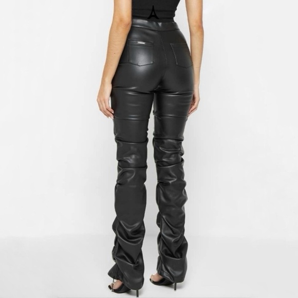 Maniere De Voir Tacked Vegan Leather Flared Trousers High Waist Pant Black 0 - Picture 2 of 16